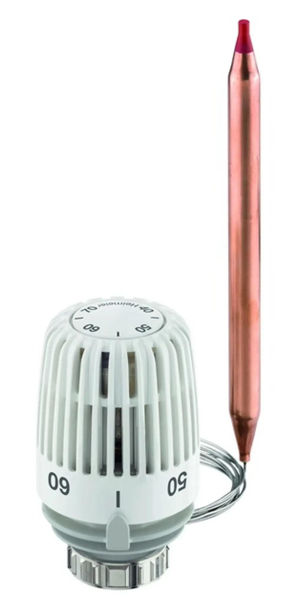 Thermostatkopf von IMI Hydronic Engineering, ausgestattet mit Anlegefühler, zeigt Skala für Temperaturregelung von 20 bis 50 Grad Celsius.